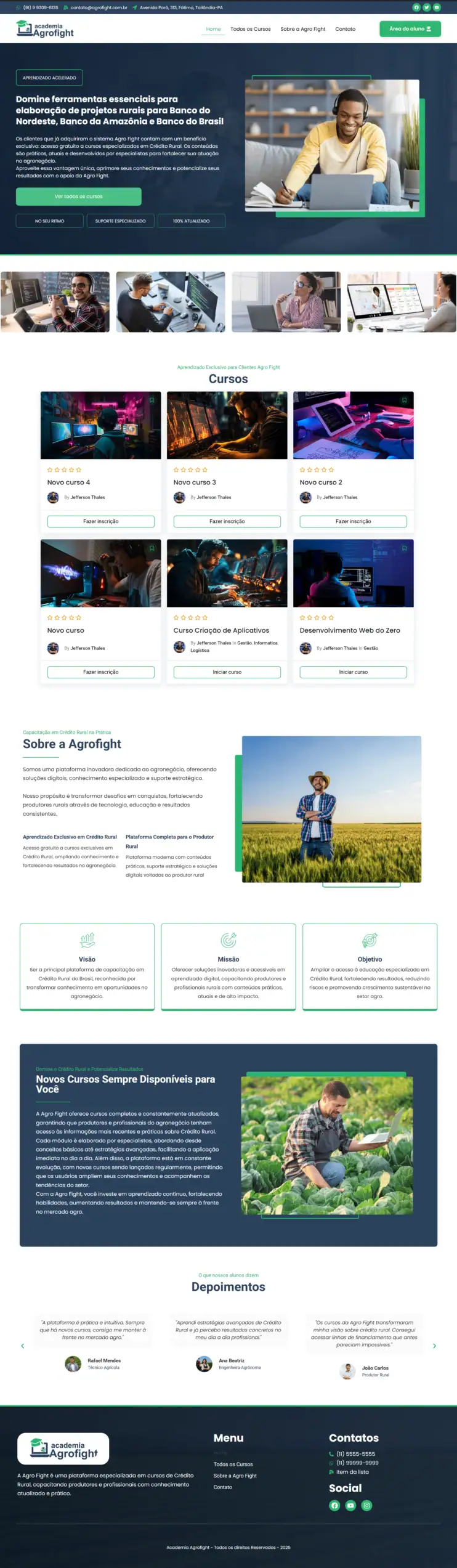 Página inicial da plataforma de cursos Academia Agrofight