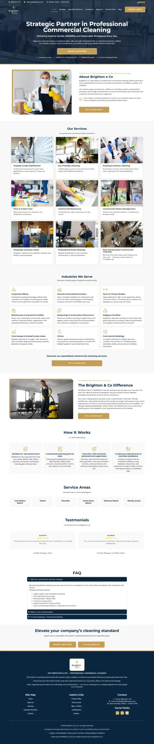 Página inicial da BrightOn & Co, empresa de limpeza comercial